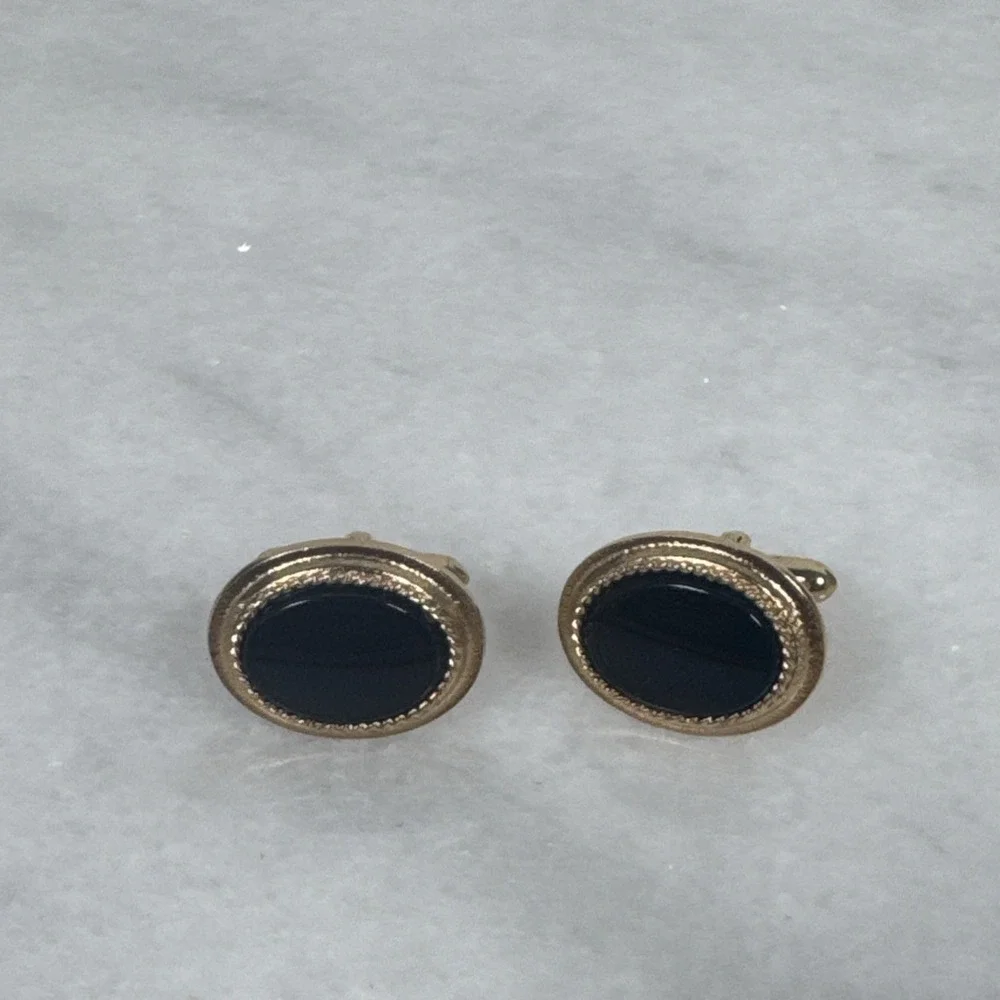 Vintage Avon Black Resin oval cufflinks raised polished and brushed gold tone